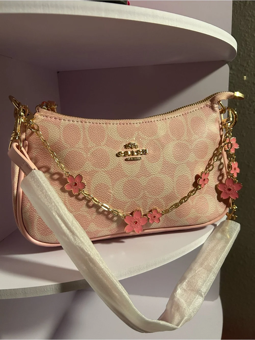 Coach Pink Floral Chain Wristlet with Gold Hardware